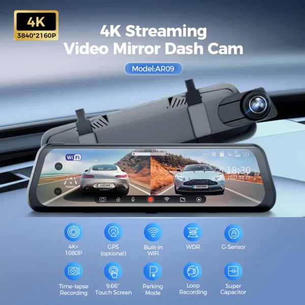 ⁦Azdome AR09 - مرآة ذكية بداش كام مزدوجة وشاشة تعمل باللمس⁩ - الصورة ⁦5⁩