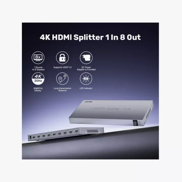 ⁦Unitek HDMI Splitter 1x8 - موزع إشارة احترافي 4K.⁩ - الصورة ⁦3⁩