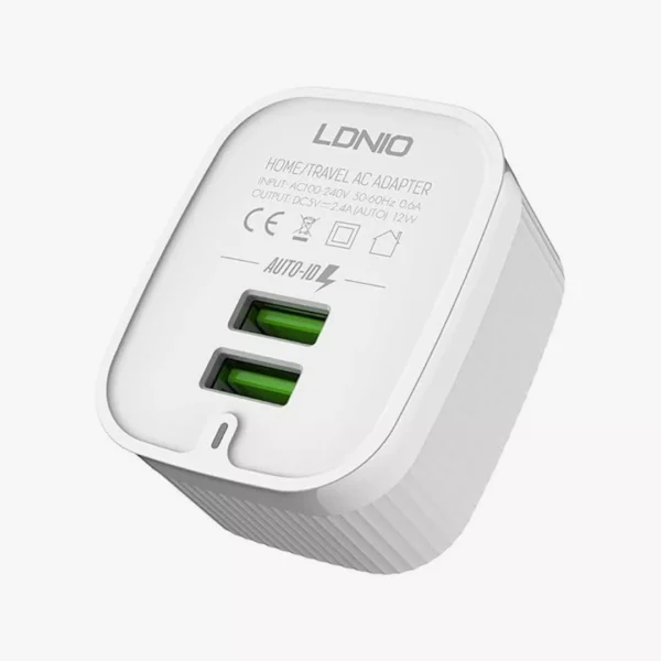 ⁦شاحن جداري إل دي نيو منفذين | LDNIO A201 12W Dual-USB Wall Charger⁩ - الصورة ⁦3⁩