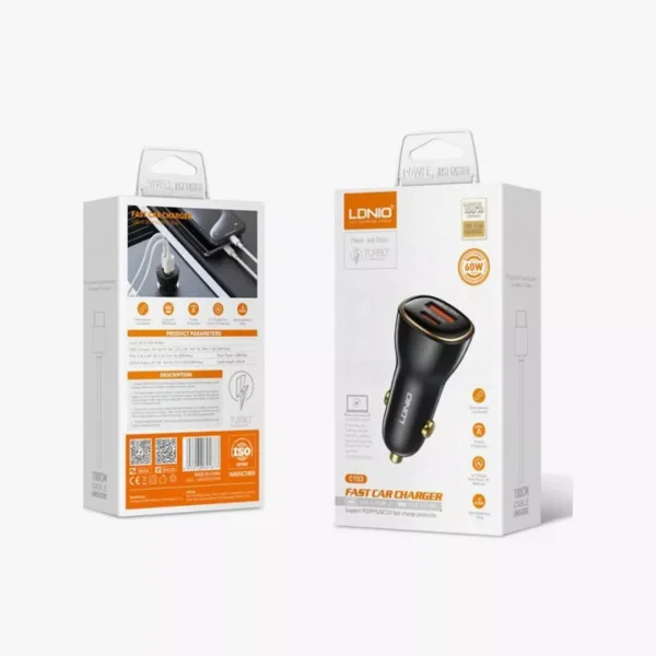 ⁦شاحن سيارة لدنيو سريع بقدرة 60 واط - LDNIO C103 Fast Car Charger 60W⁩ - الصورة ⁦2⁩